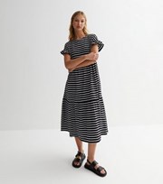 New Look Black Stripe Jersey Frill Sleeve Midi Smock Dress